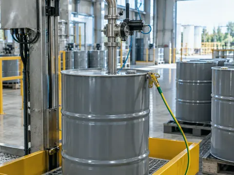Earthed steel drum being filled at a solvent filling station with spill containment