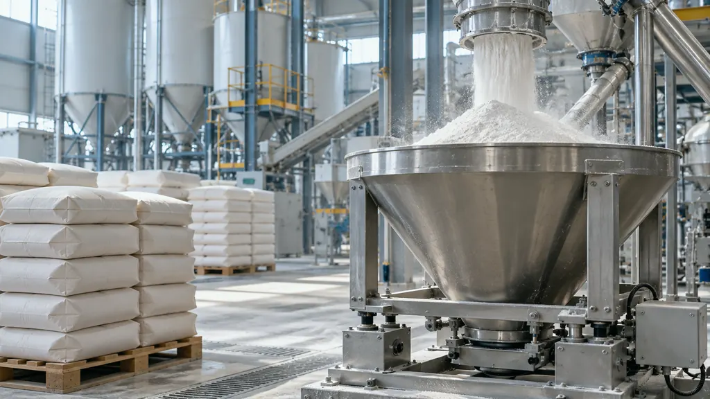 White powder being weighed into a stainless steel batching hopper at a dry-mix mortar plant