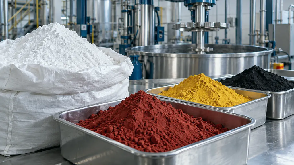 Titanium dioxide and iron oxide pigment powders beside a high-speed disperser in a coatings plant